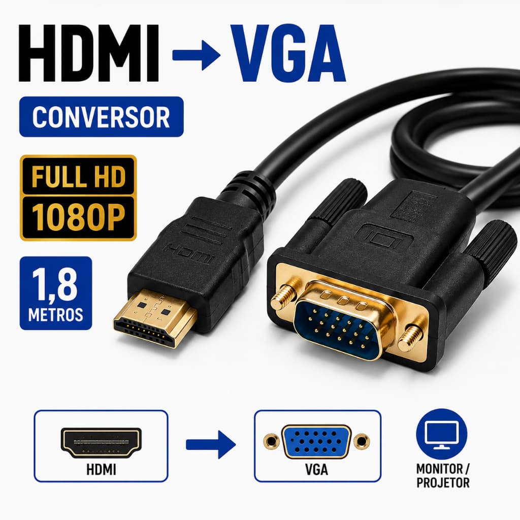 Cabo Conversor HDMI Para VGA 1,8m 1080p PC Notebook Monitor