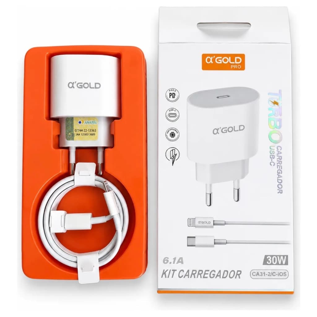 Carregador Turbo Carga Rápida 30w Agold + Cabo Para Iphone