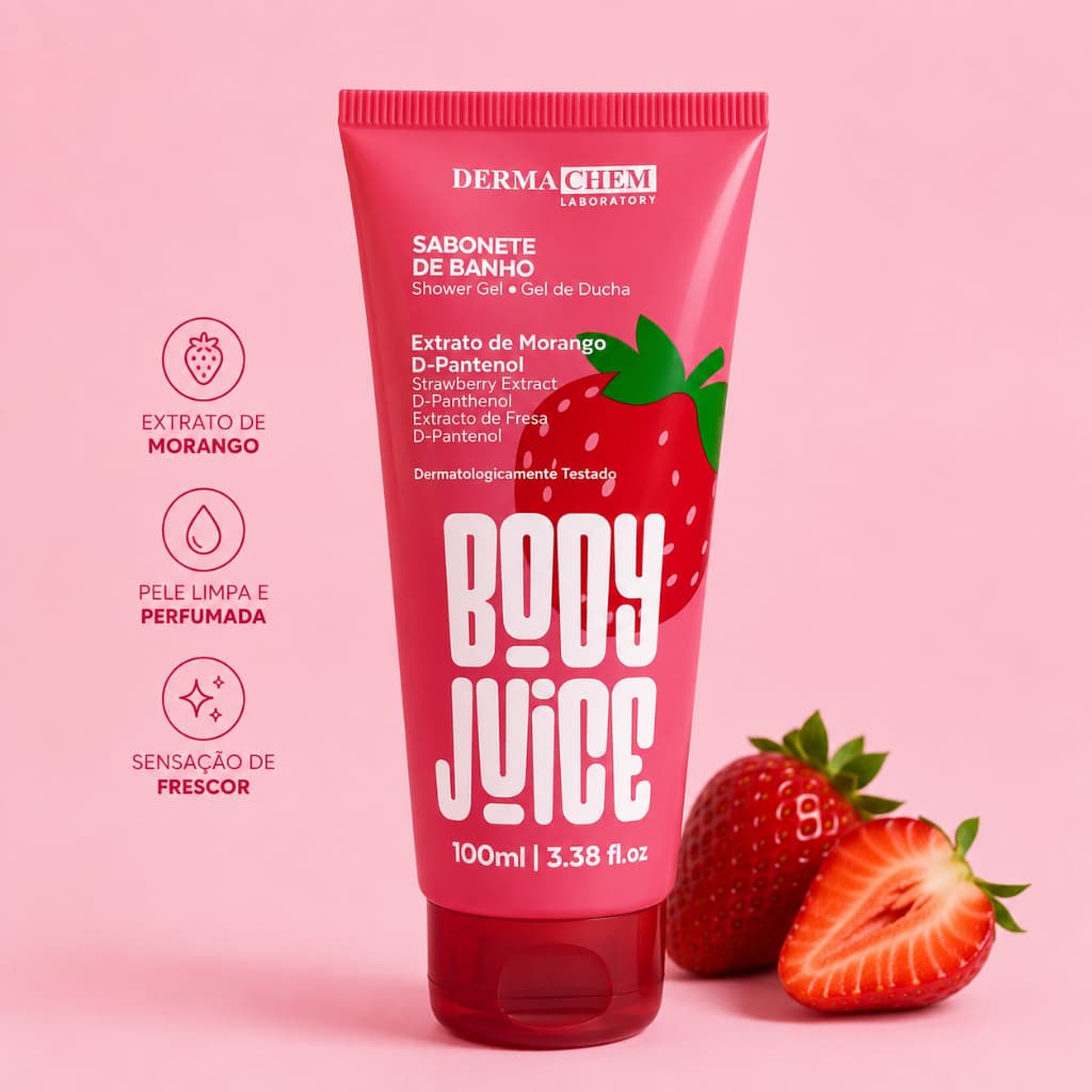 Sabonete de Banho Body Juice Morango Dermachem 100ml com D Pantenol Hidratante Shower Gel