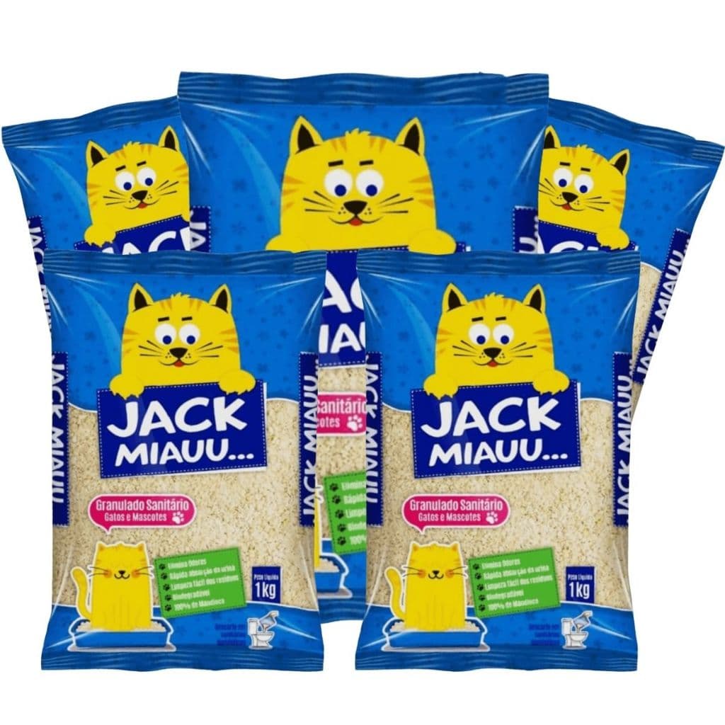 KIt 5 Areia Granulado Sanitário Higiênico Gatos Feito Mandioca 1kg - Jack Miauu