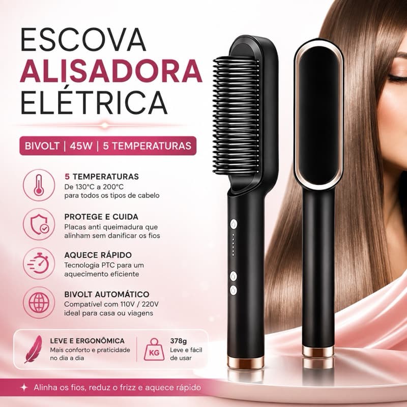Escova Alisadora Elétrica Bivolt 45W Preta 5 Temperaturas Anti Frizz Aquecimento Rápido