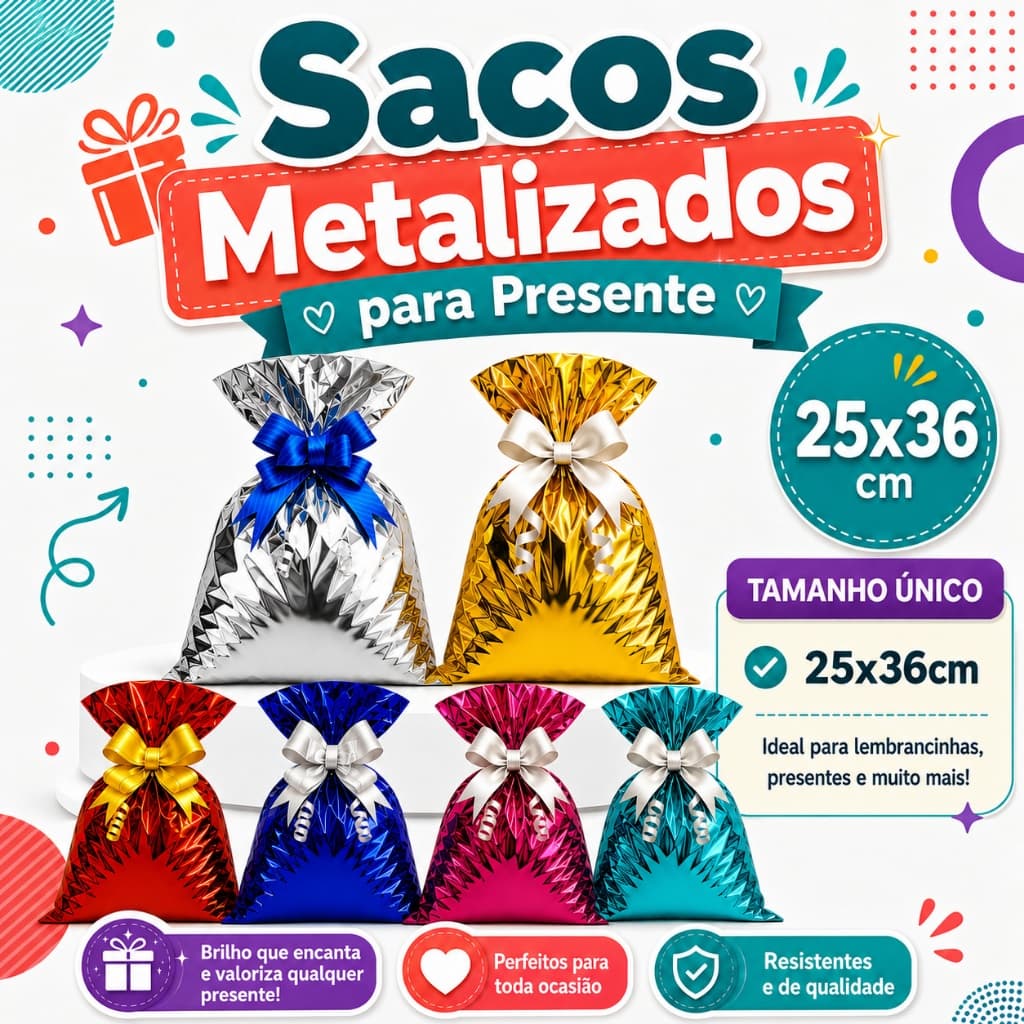 Kit 50un Sacos Metalizados Presente | 25x36cm | Escolha a cor | Embalagem Presente Médio Lembrancinha Luxo Premium