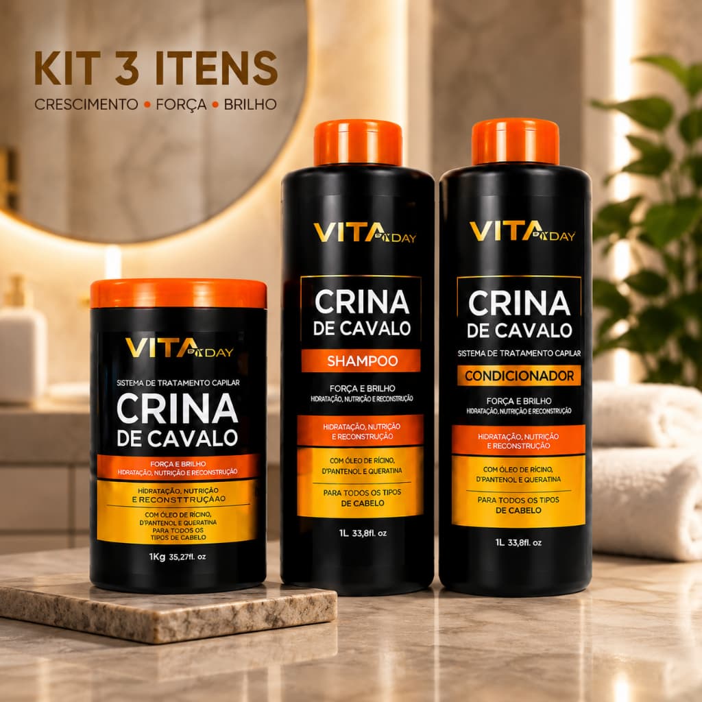 Kit Crina de Cavalo Crescimento Força e Brilho Shampoo Condicionador Creme 3 Itens