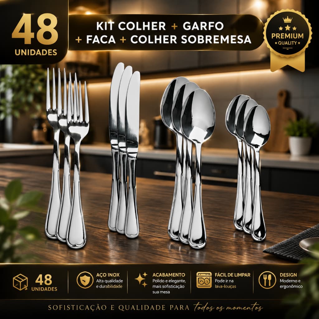 Kit Completo 48 Talheres Inox Garfo Faca Colher e Colher Sobremesa Elegância e Qualidade na Sua Mesa