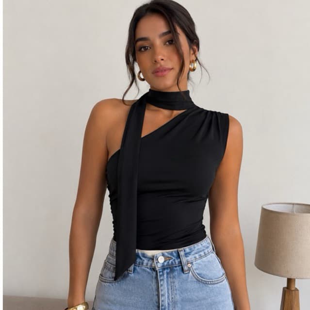 Blusa Feminina Assimétrica Gola Alta com Lenço| Regata Elegante Moda Verão Look Casual Chic