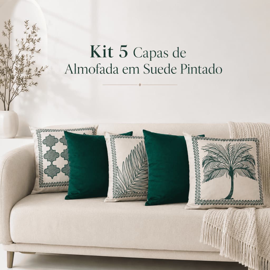 Kit 5 Capas de Almofada Decorativas 45x45 Suede Pintado 3 Estampadas + 2 Lisas