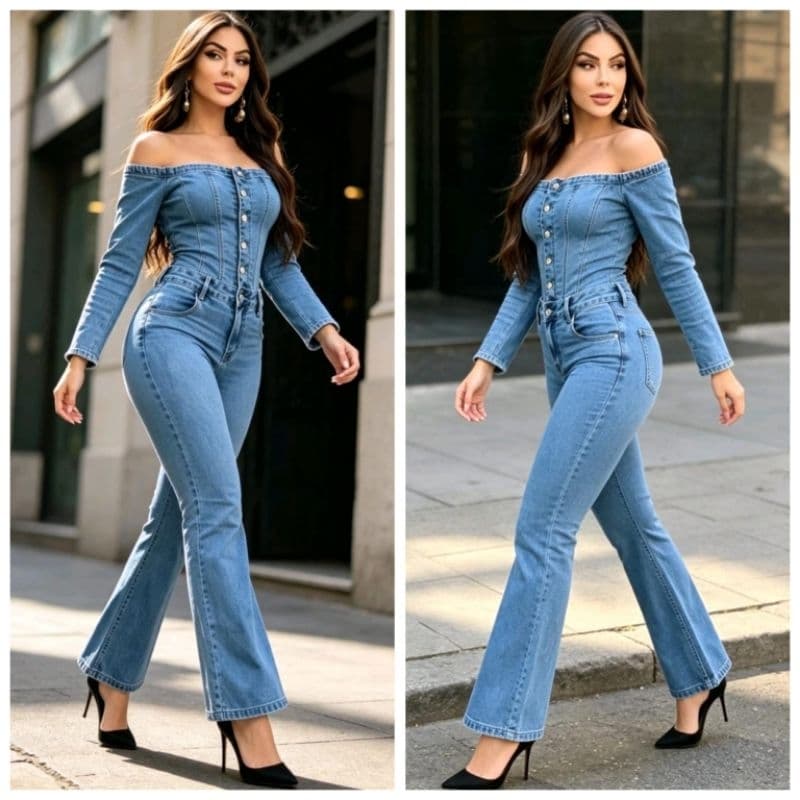 Macacão Flare Manga Longa Jeans Feminino Modelador Laycra