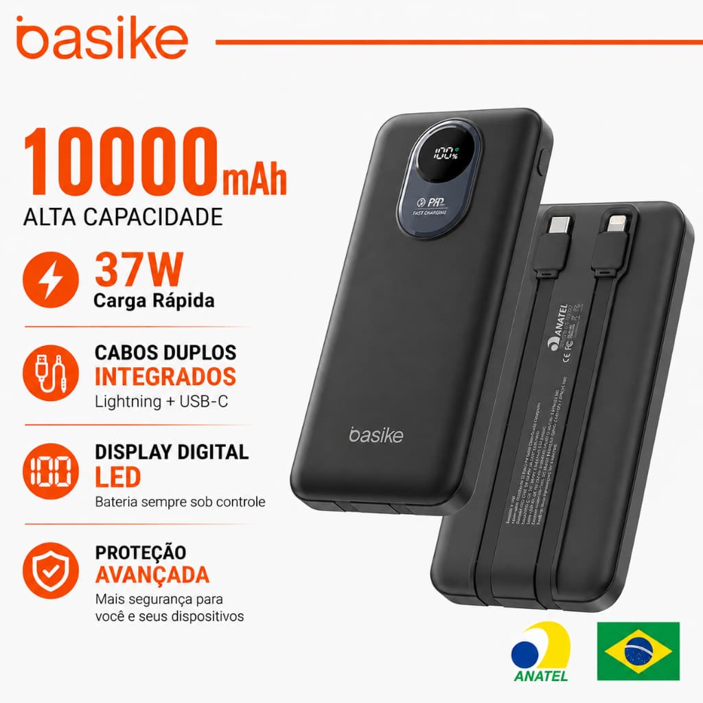 Basike Power Bank 10000mAh Carregador Portátil com Cabo Lightning Integrado Display LED USB-C Carga Rápida
