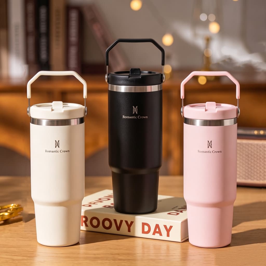 ROMANTIC CROWN Garrafa Térmica 900ml Inox com Bico e Alça Flip Tumbler para Academia e Trabalho