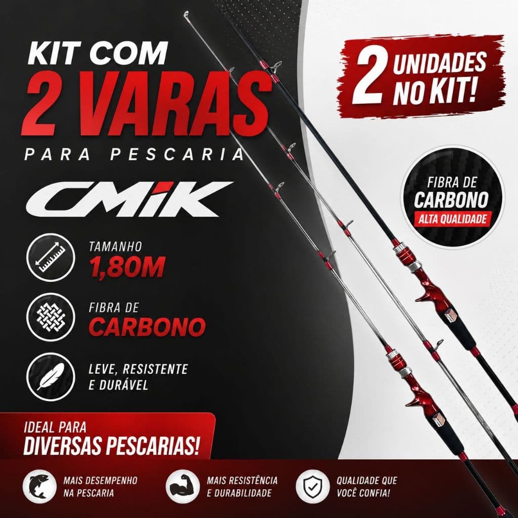 Kit 2 Varas de Pesca Esportiva Fibra de Carbono 1,80m 15-30lbs 2 Partes
