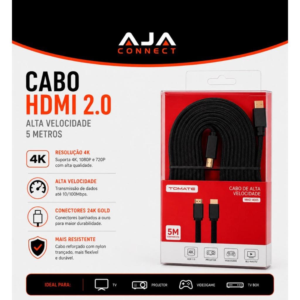 Cabo HDMI 2.0 5M 4K MHD-4005 Ultra HD Alta Velocidade Tomate