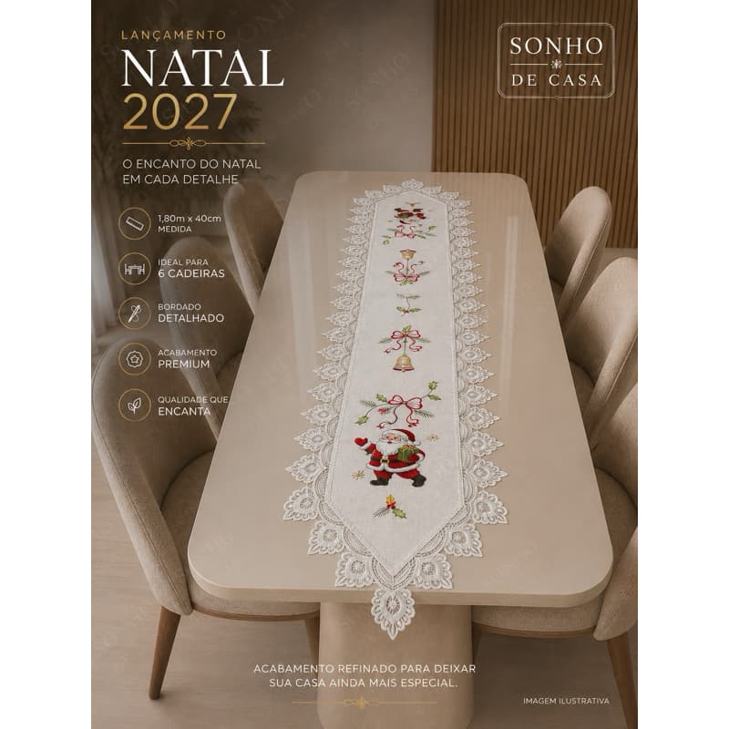 Caminho de Mesa Natalino 1,80x40cm | Toalha de Mesa Natal Bordada | Decoração de Natal | Mesa 6 Cadeiras