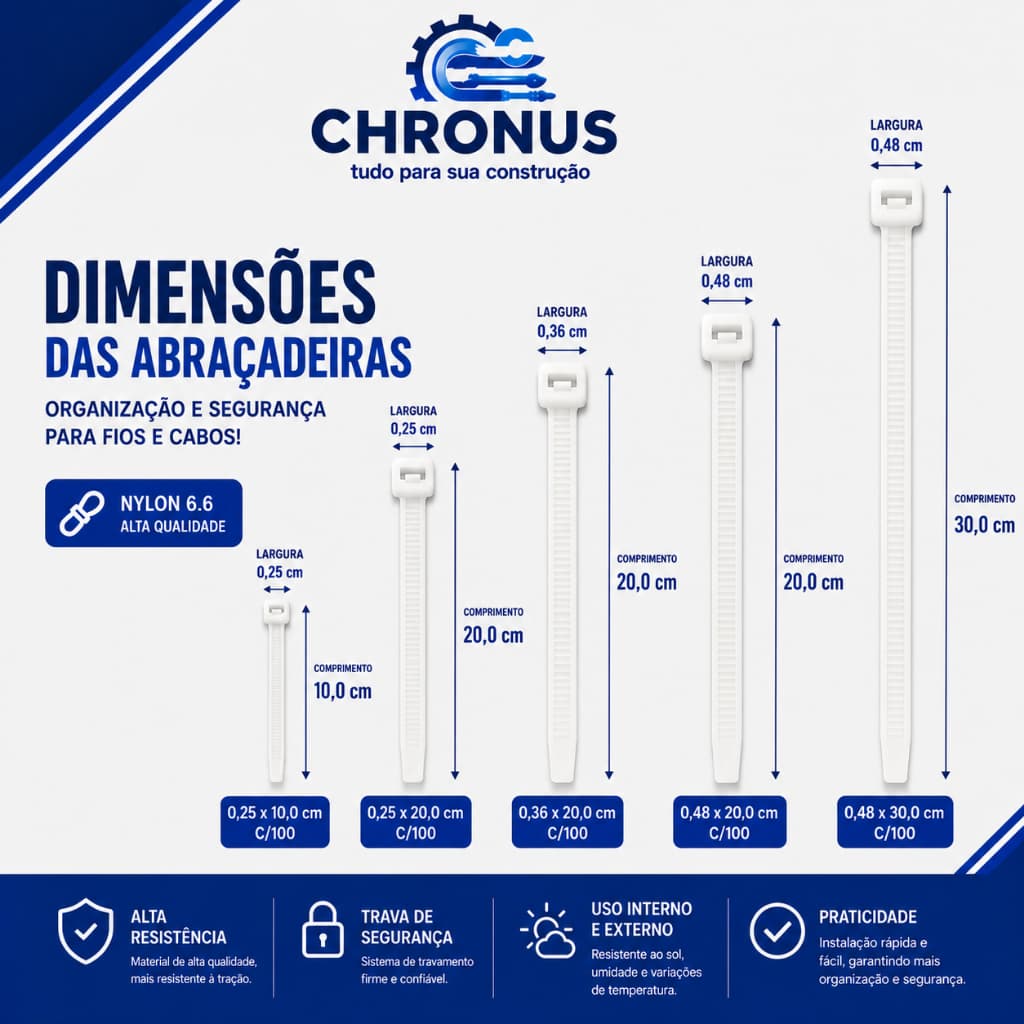 Kit com 100 Abraçadeiras de Nylon Enforca Gato Fita Cintas Plasticas Várias Medidas