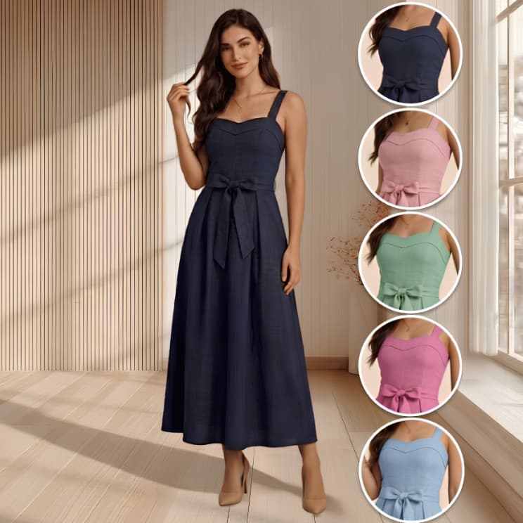 Vestido Longo Linho Feminino Elegante Decote Coração Com Lastex E Cinto Tendência Moda Casual Verão