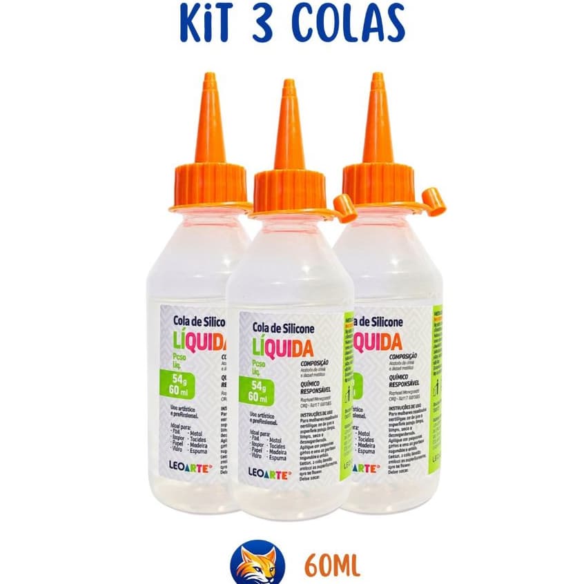 Kit 3 Colas de Silicone Líquida 60ml Leoarte, uso Artístico, Profissional,Escolar, Papel, EVA e Madeira Leo&Leo