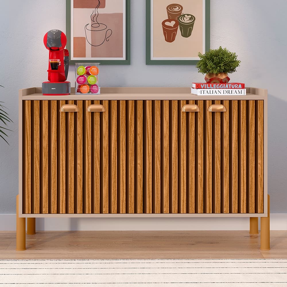 Aparador Buffet Chicago com Puxadores Concha e Pés PVC Antiumidade - Estilo Retrô 4 Portas
