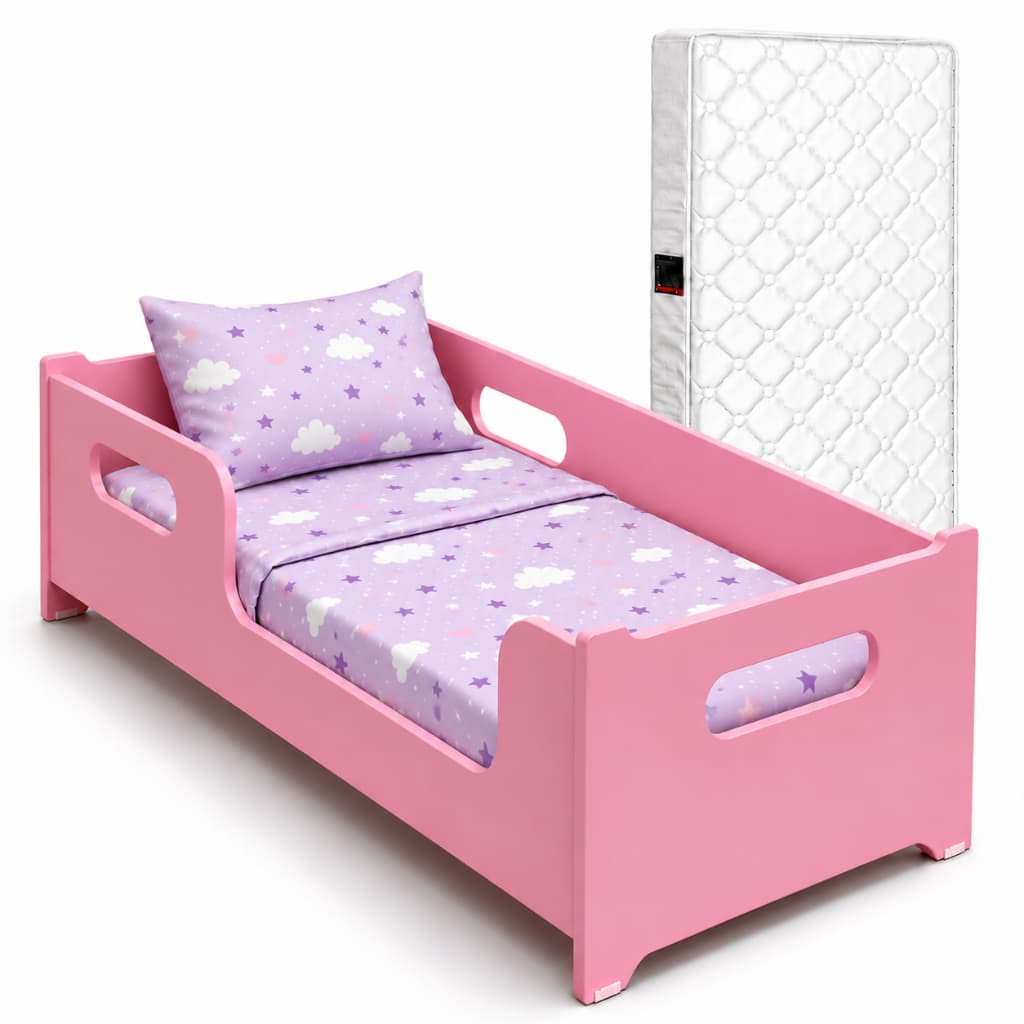 Mini Cama Infantil Montessoriana Rosa Encanto Com Colchão Incluso Grade de Proteção MDF Quarto Menina