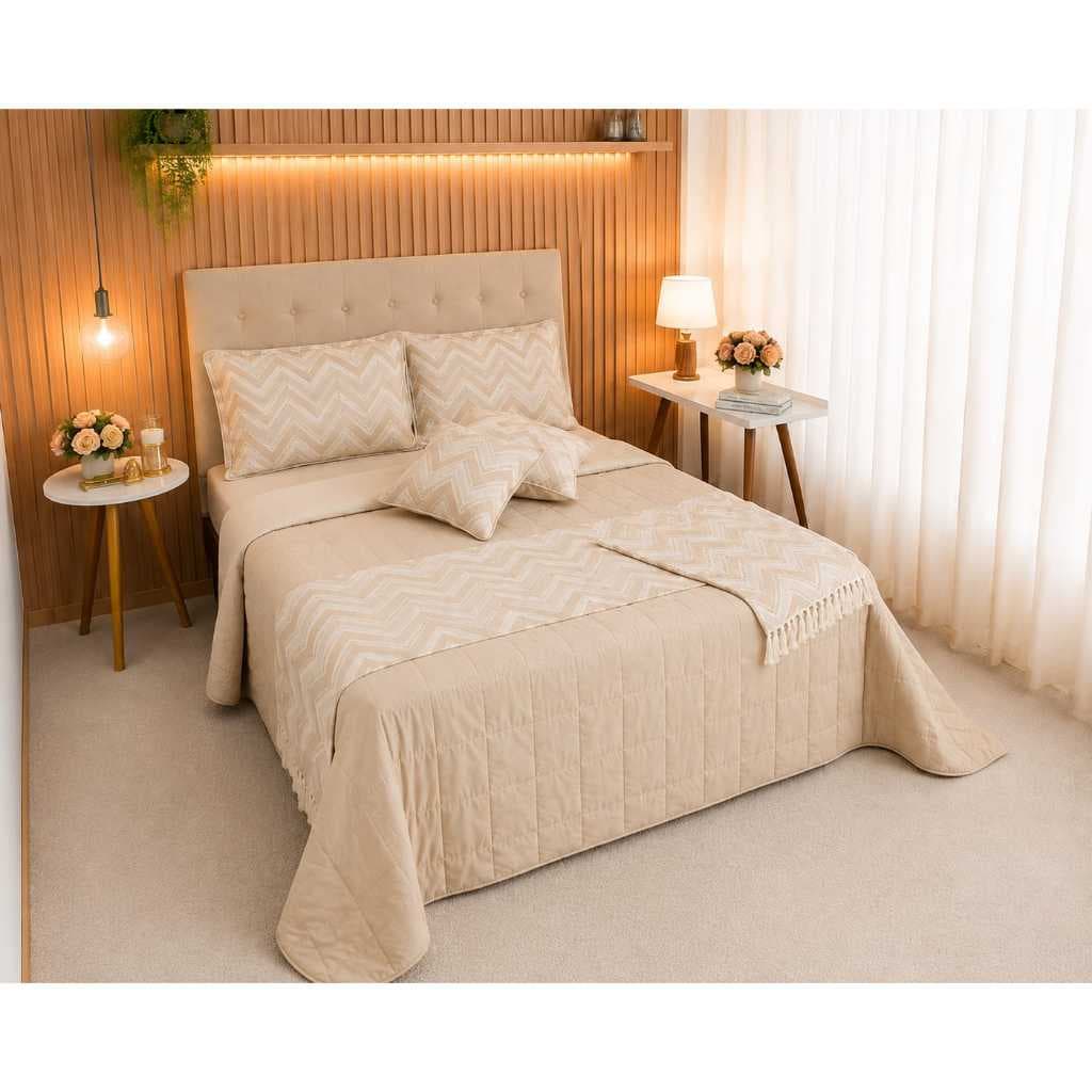 Kit Cobre Leito Franja Casal Queen King Super King 10 Peças Tecido Jacquard
