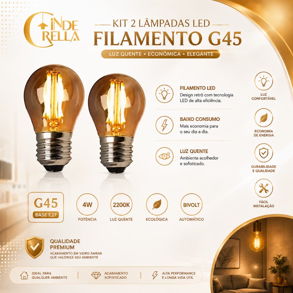 Kit 2 Lâmpadas LED Filamento G45 Âmbar E27 Bivolt Luz Quente Vintage
