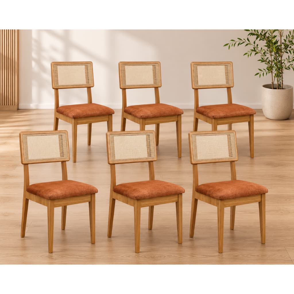 Kit 6 Cadeiras para Sala de Jantar com Assento Estofado Encosto em Tela 100% MDF Freijó Terracota