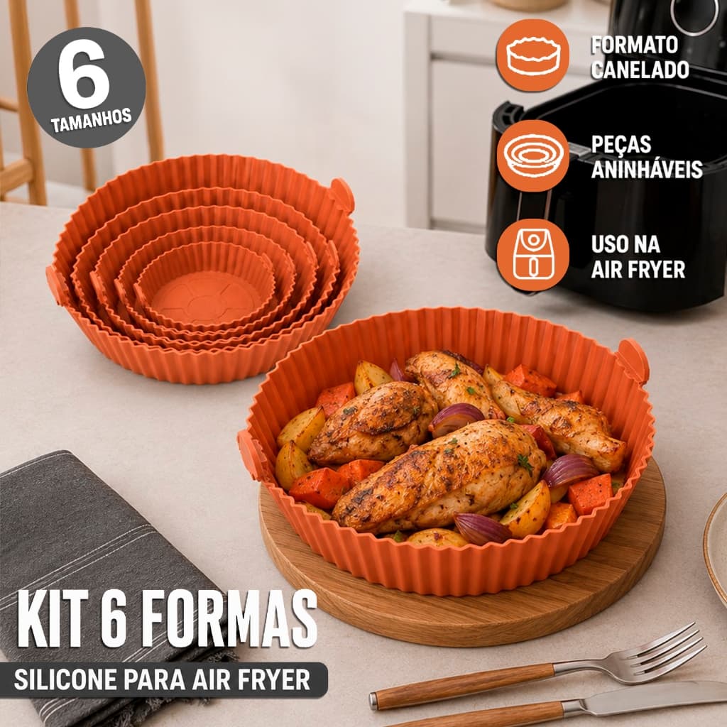 Forma Airfryer De Silicone Antiaderente 230°C Conjunto 6 Formas Dobrável Alças Prática