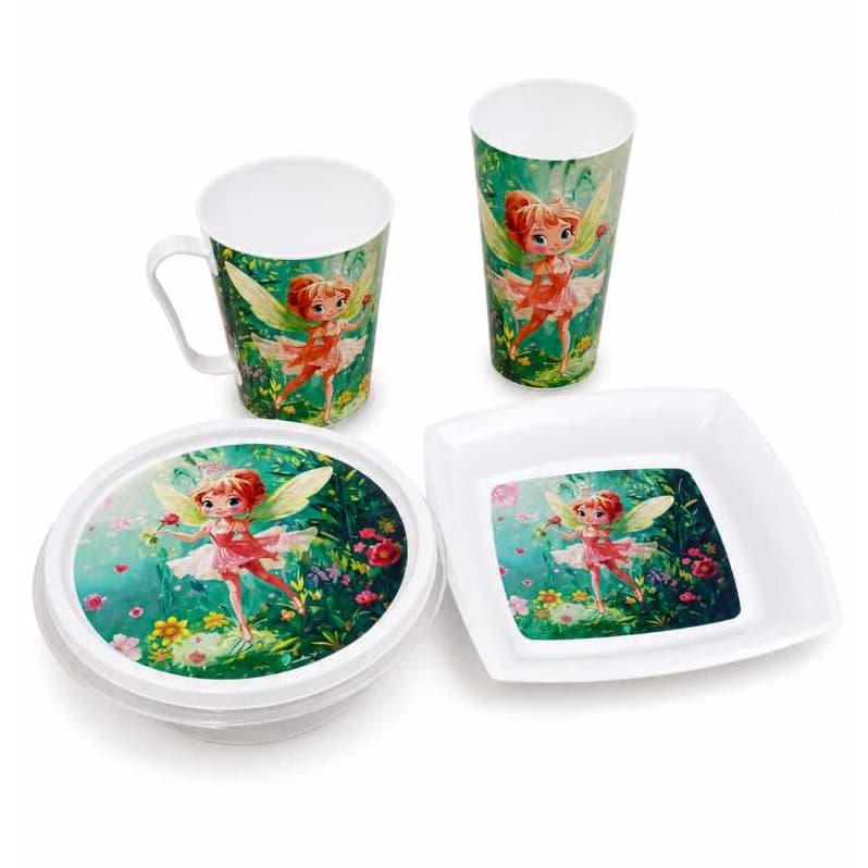 Kit Primeira Refeição Fada Prato Copo 350ml Plástico Criança Infantil Creche Merenda