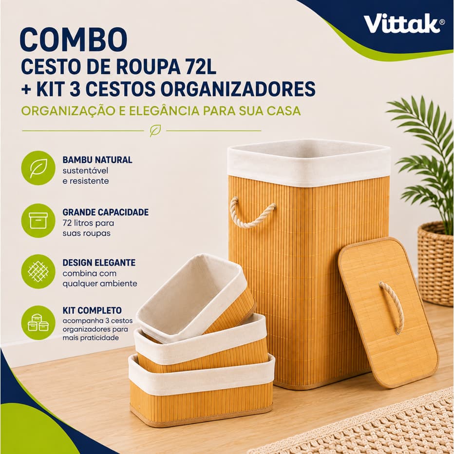 Vittak Cesto De Roupa Suja Bambu 72L + Jogo 3 Cestos Organizadores de Bambu
