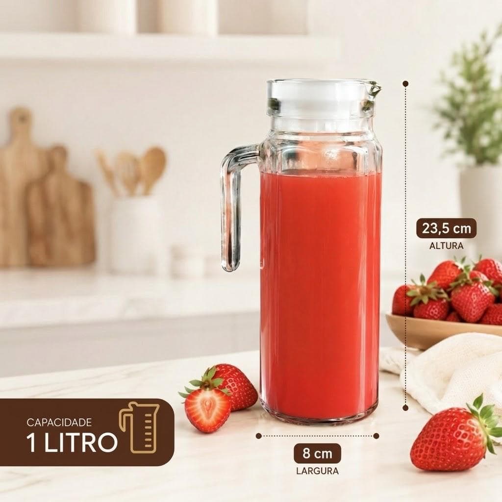 Jarra De Vidro Elegante Redonda Com Tampa 1 Litro Transparente Mesa Posta Suco