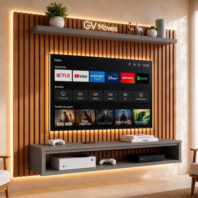 Painel de TV 60 Polegadas Ripado / Cinza 3D Industrial Com Nicho Amplo e Prateleira Superior - Sala