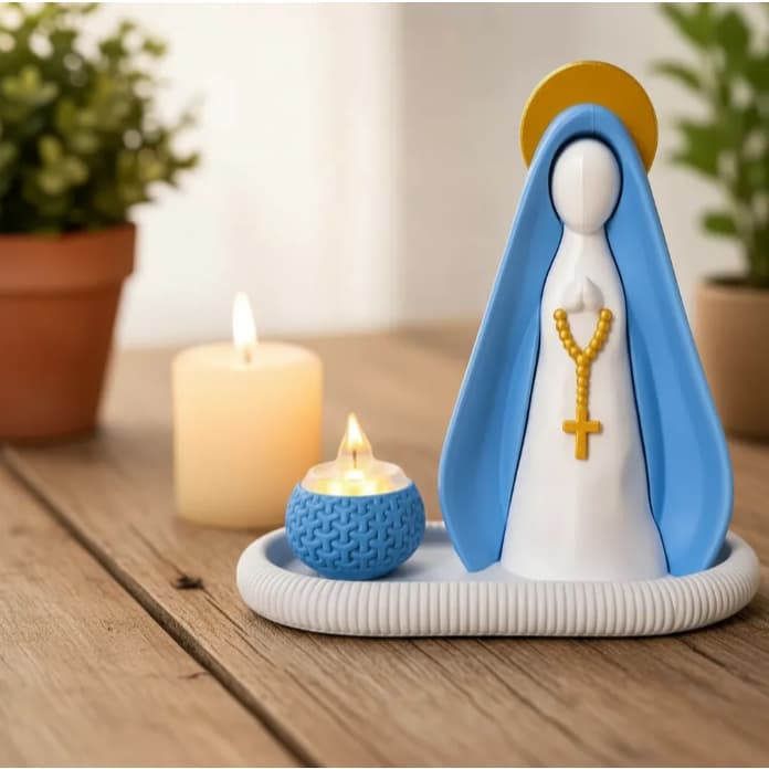 Kit Nossa Senhora Aparecida 1 Vela de LED 1 Bandeja e 1 Porta Vela