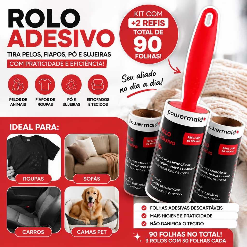 Rolo Adesivo Tira Pelos com Refil Removedor de Pelos kit 90 folhas - Cachorro Gato Roupas Sofá Tecidos Pegador de Pelo