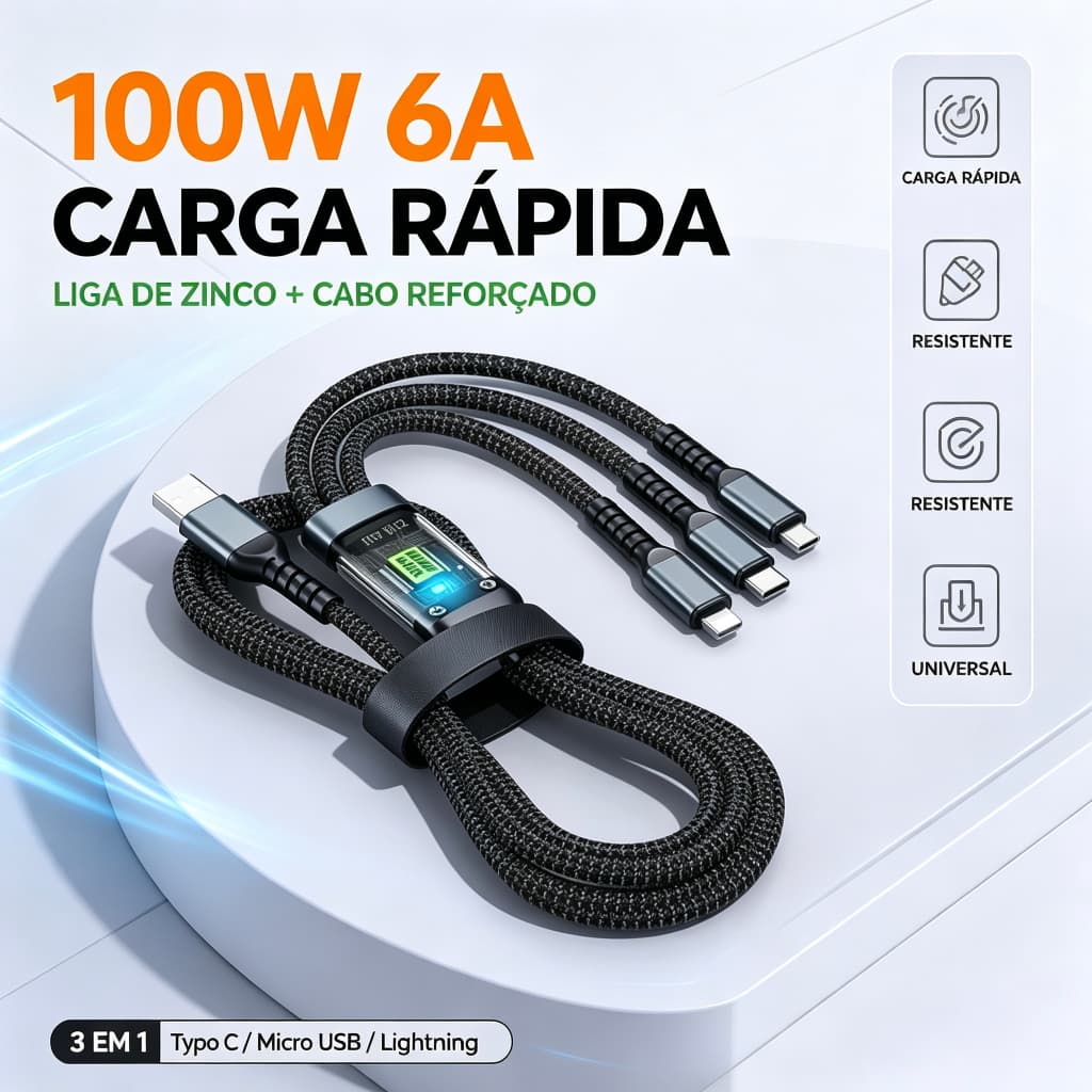 Cabo Reforçado 3 em 1 100W Carregamento Rápido Universal 1.2m Todos os Celulares
