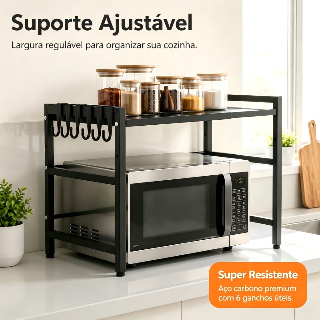 Prateleira Ajustável Para Microondas Aço Carbono, Suporte Cozinha Multiuso Largura Expansível Com Ganchos
