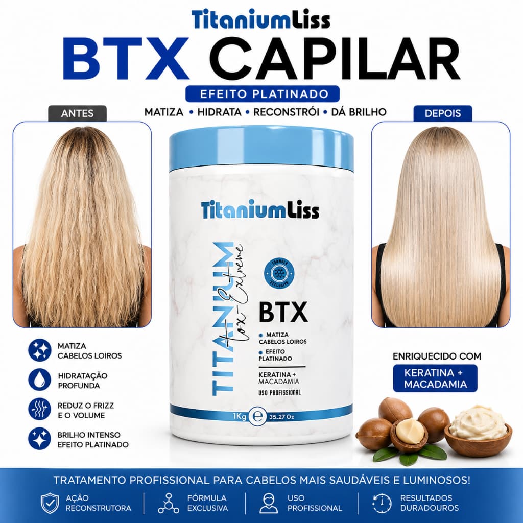 BBtox Capilar Matizador Titanium Liss BTX 1kg Efeito Platinado para Cabelos Loiros Hidratação Antifrizz