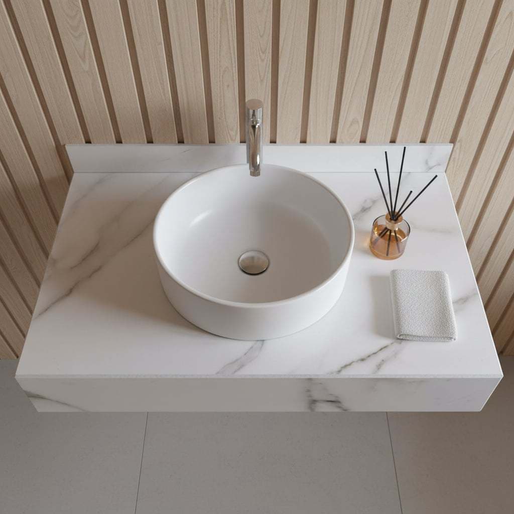 Bancada para cuba de sobrepor bancada Suspensa Marmorizada Branca 60x40 para Banheiro lavabo