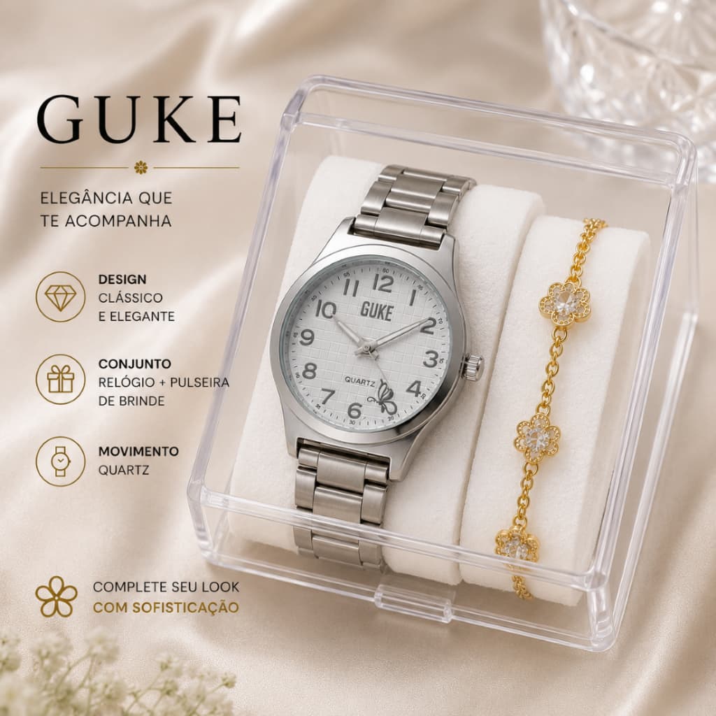 Relógio Feminino Prata GUKE Quartz + Pulseira Dourada de Brinde + Caixa de Acrílico