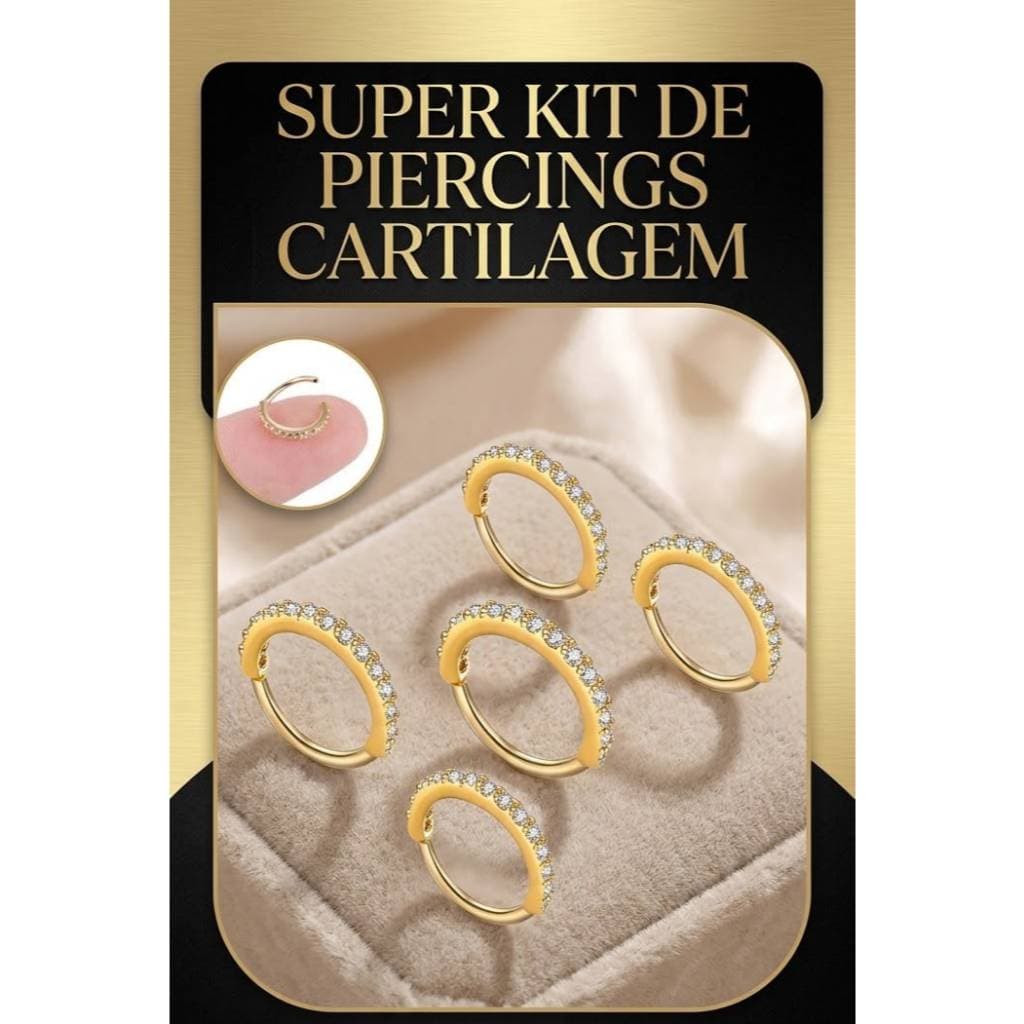 Kit com 5 Piercing De Argola de Nariz Cravejada Dourada com Zircônias Folheada a Ouro.