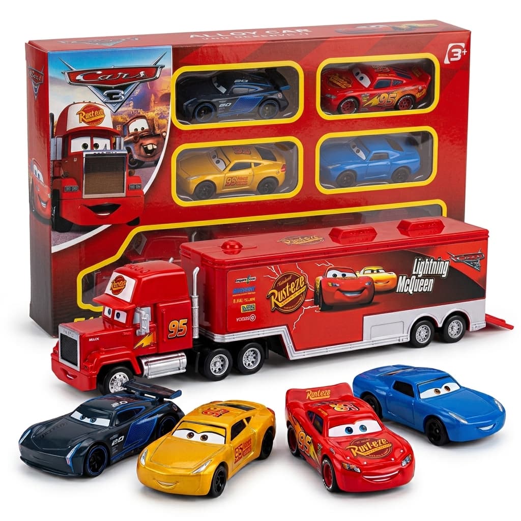 Kit 4 Carrinhos Relâmpago Mcqueen Disney Carros com Carreta Caminhão