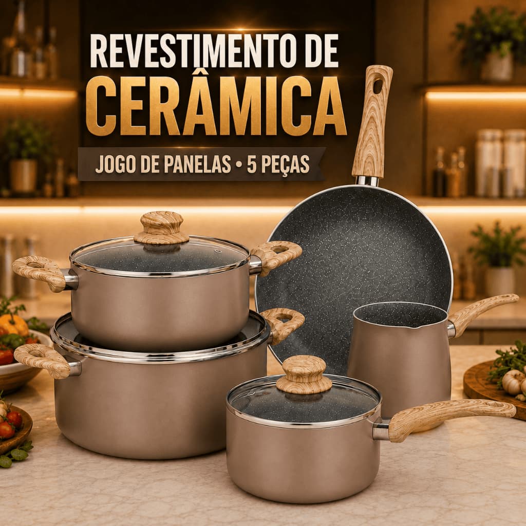 Jogo De Panelas Marrom 5 Peças Antiaderente Cerâmica Indução Gás Fundo Triplo