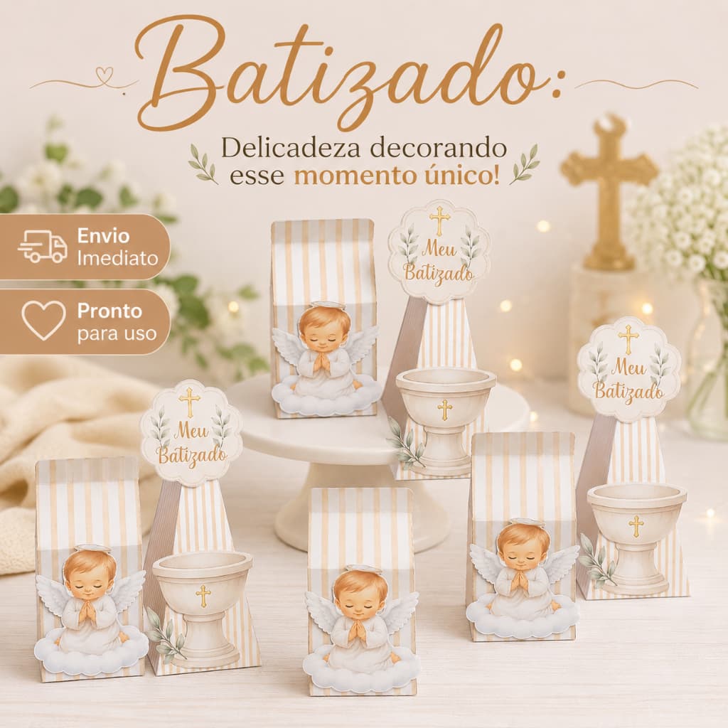 Kit 10/20 Caixinhas Batizado Unissex: Milk e Pirâmide em off-7 180g