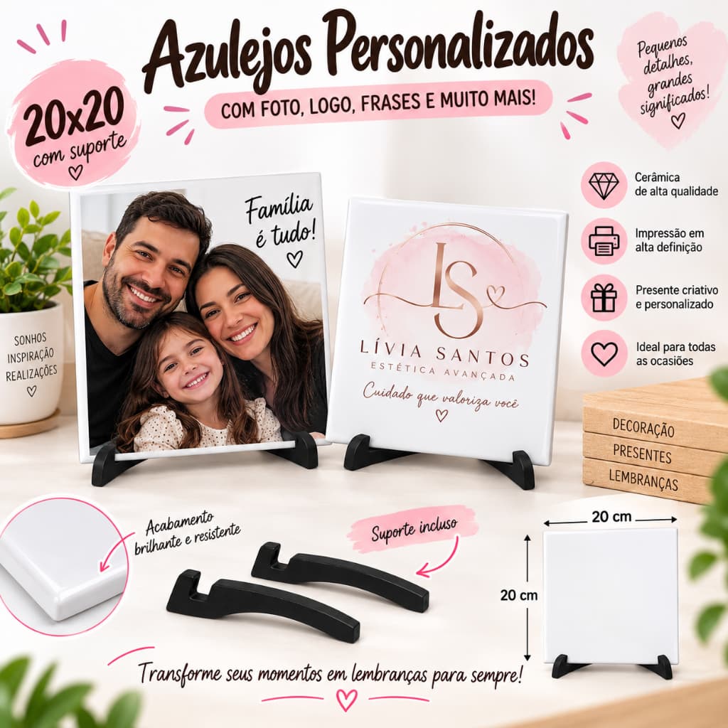 Azulejo Personalizado 20x20 Porta Retrato com Suporte para Fotos, Arte e Logos