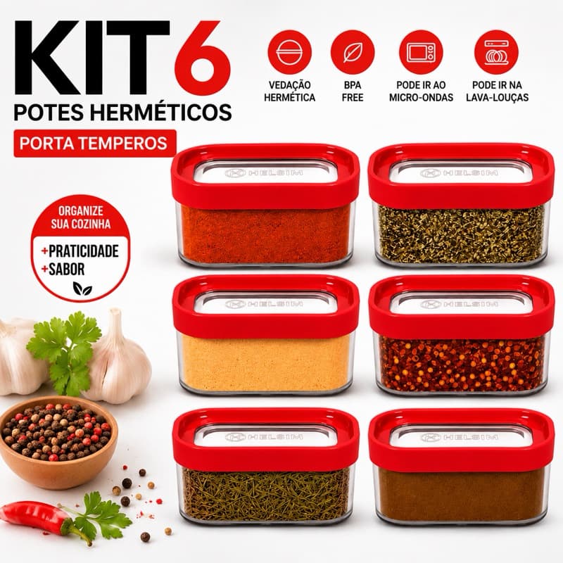Kit 6 Potes Herméticos Porta Temperos Organizador Cozinha