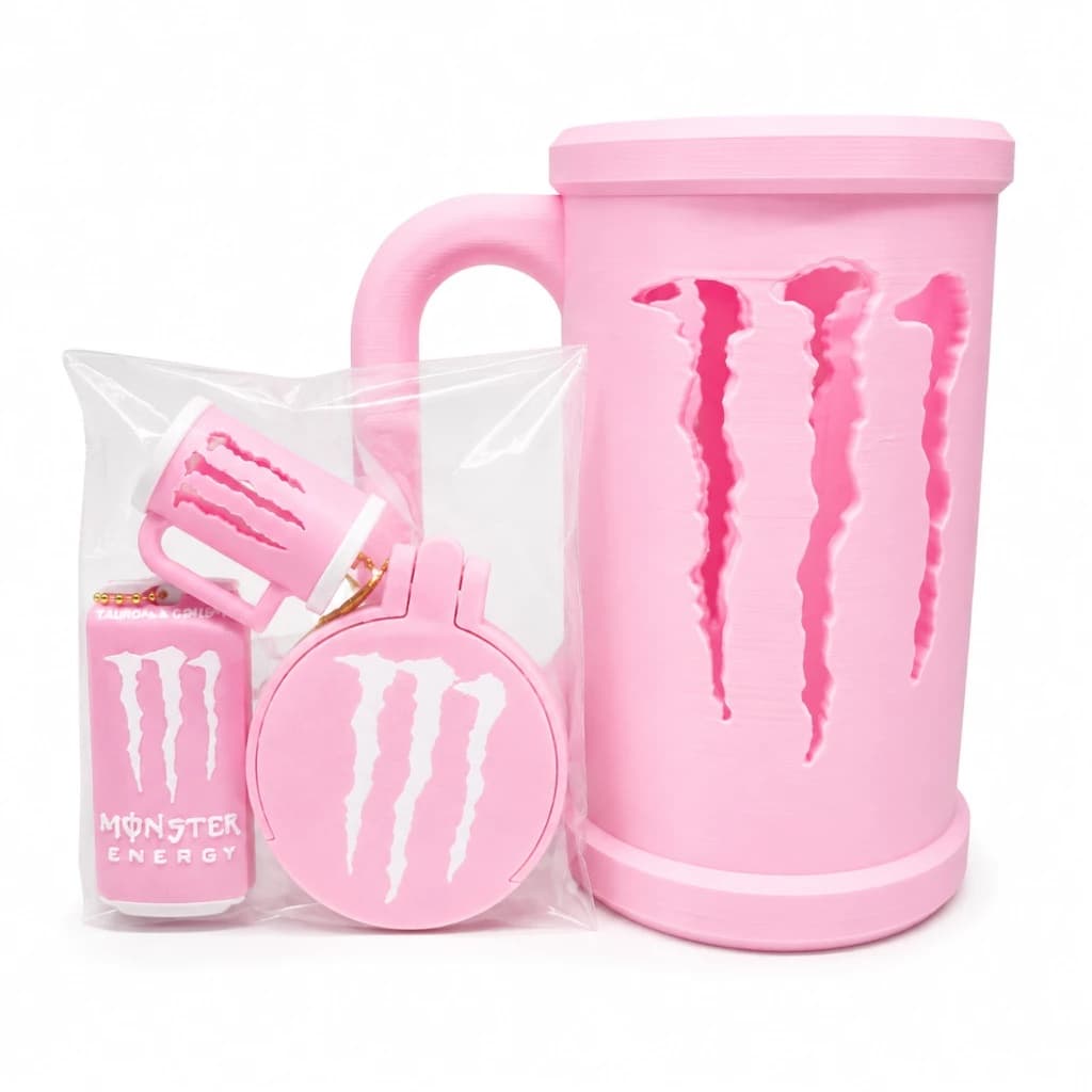 Kit Porta Lata Monster Energy 473ml- ROSA E BRANCO Completo com Tampa Protetora, Abridor e Chaveiro - Suporte Energético