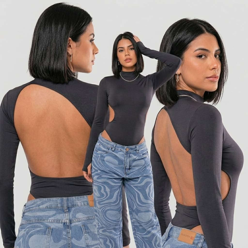 Body Feminino Manga Longa Costa Nua Recorte Dedal Suplex Premium Moda Gringa Blogueira Segunda Pele