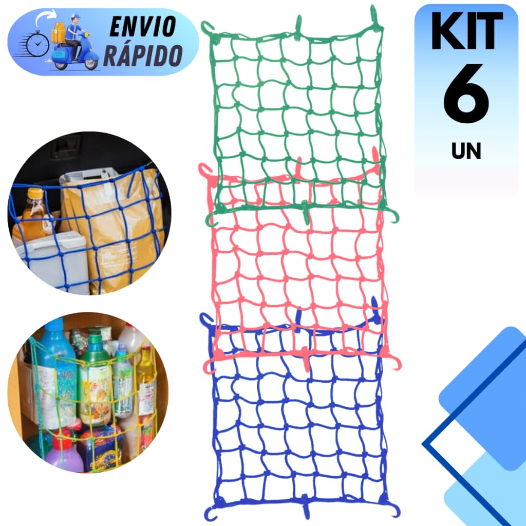 KIT ARANHA REDE ELASTICA BAGAGEIRO CARRO MOTO CARGA REDINHA COLORIDA MULTIUSO BAU