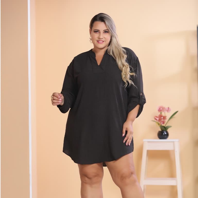 Vestido Curto Plus Size Manga Longo Gola V Elastex tamanho grande/COD:V66