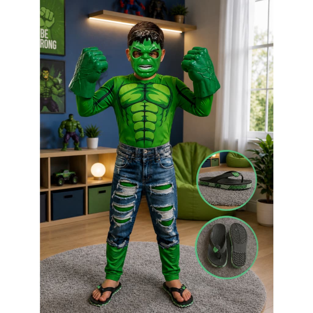 Kit Fantasia Infantil Hulk + Chinelo + Luva + Mascara - Roupa Macacão Longo C/Enchimento Sapato Leve e Confortável