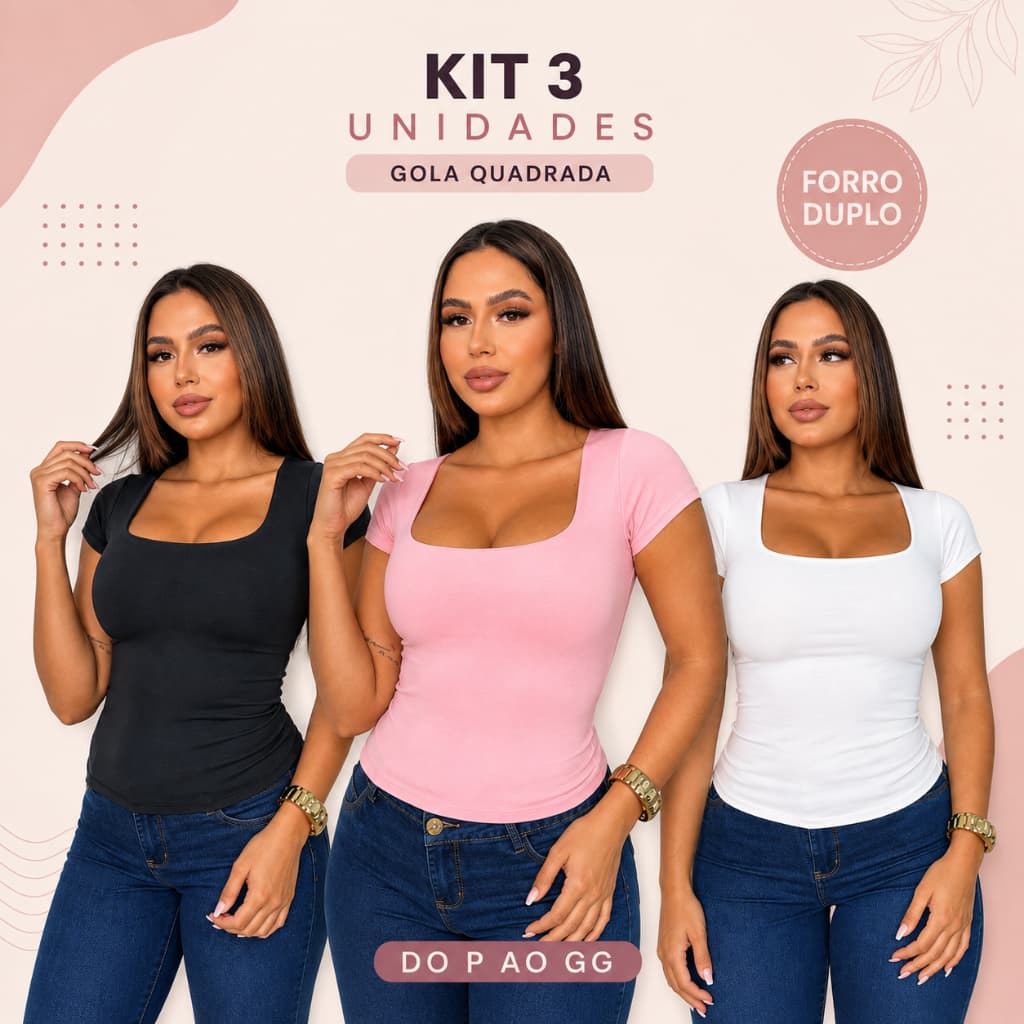 Kit 3 Blusinhas Femininas Básicas Decote Quadrado Suplex Premium Elegante Casual Confortável Moda Verão