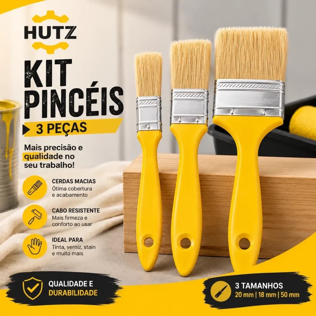 Kit 3 Pincéis Trincha Hutz para Pintura Tamanhos Variados Cabo Plástico Pincel para Tinta Artesanato Acabamento