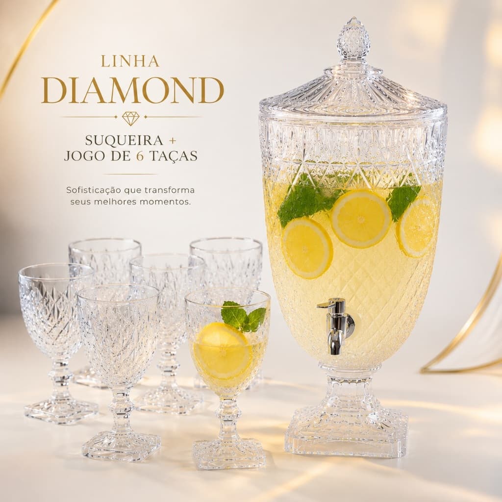 Suqueira Diamond + 6 Taças de vidros - Luxo Sofisticação em cada detalhe.